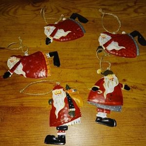 Set of 5 tin country santa ornaments